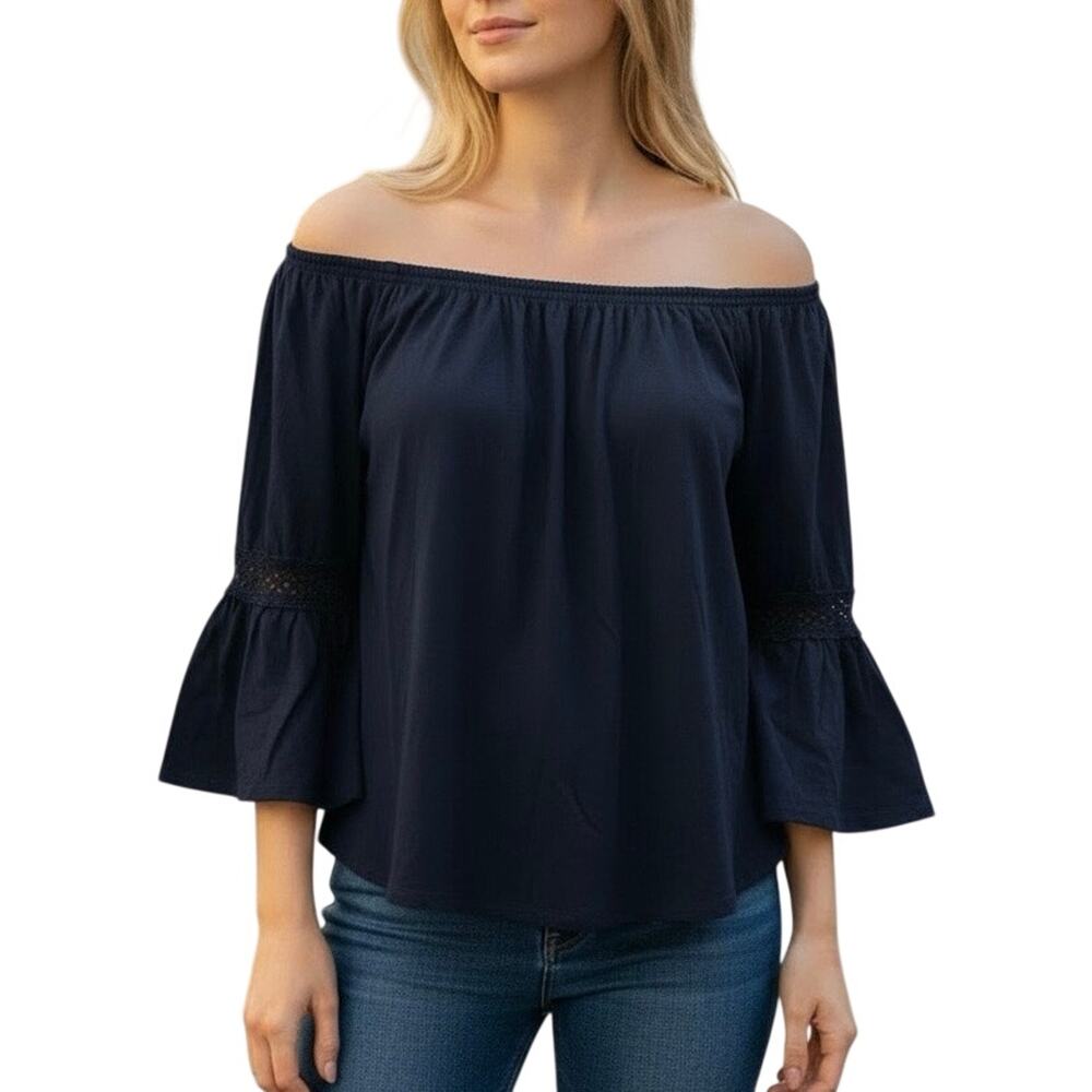 Forever 21 Boho Navy Blue Flowy Blouse Top S Juniors Peasant Festival Chiffon